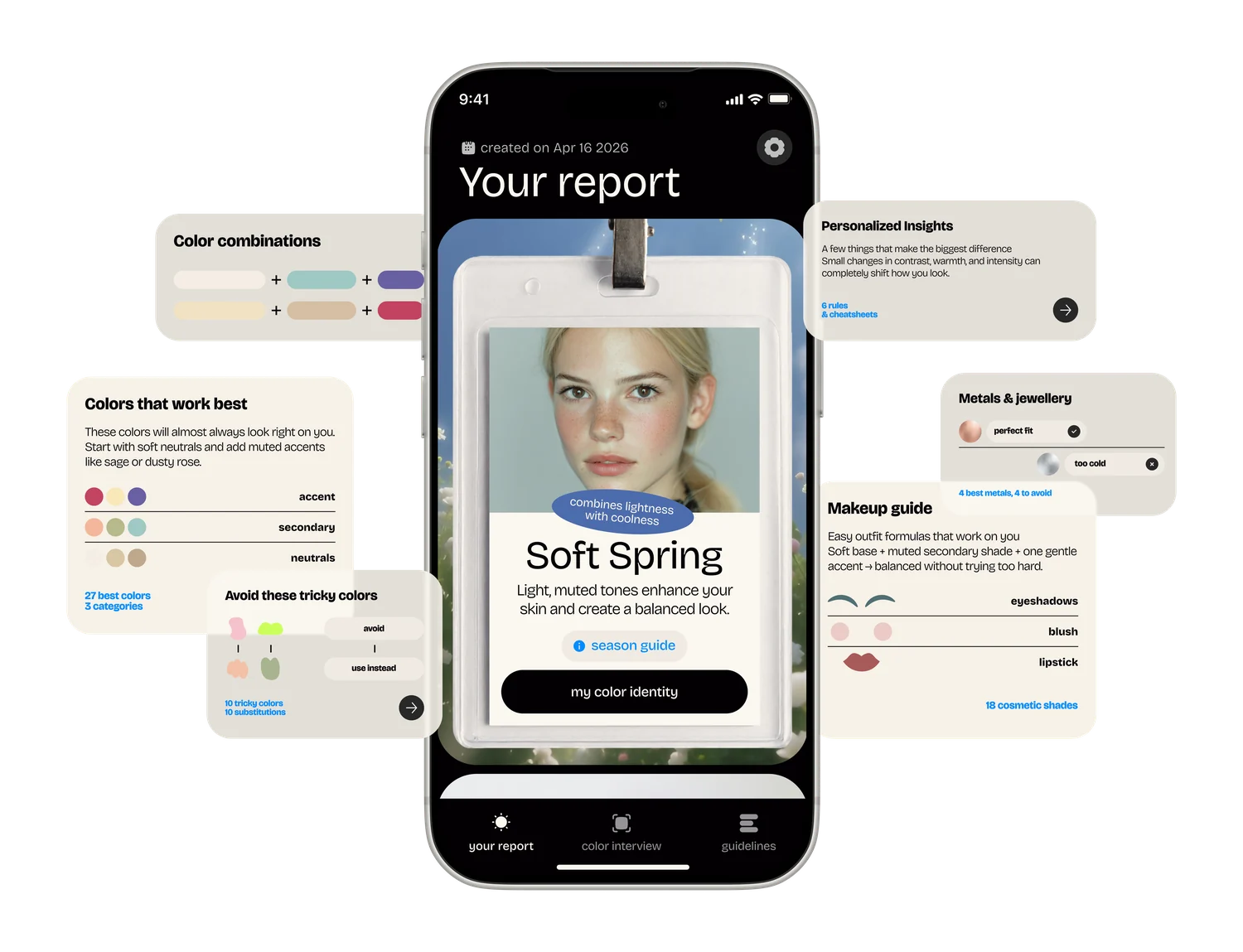 The PaletteMe app: a personal color report titled Soft Spring, surrounded by feature cards for color combinations, work-best colors, tricky colors to avoid, metals and jewellery, and a makeup guide