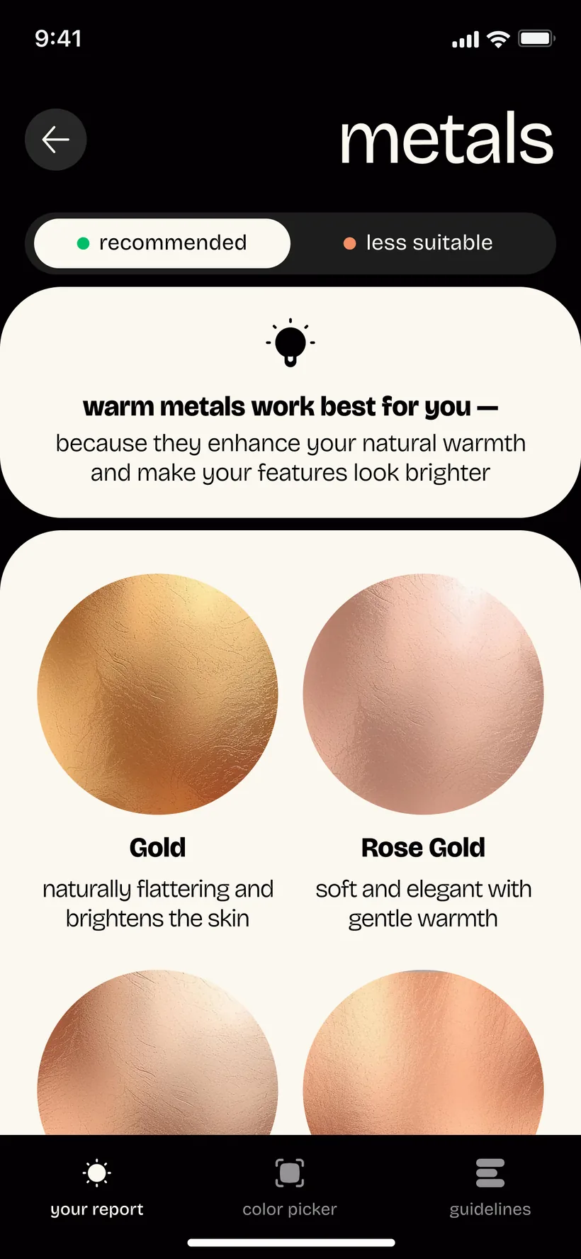 PaletteMe metals screen recommending warm metals, with Gold and Rose Gold shown as the most flattering