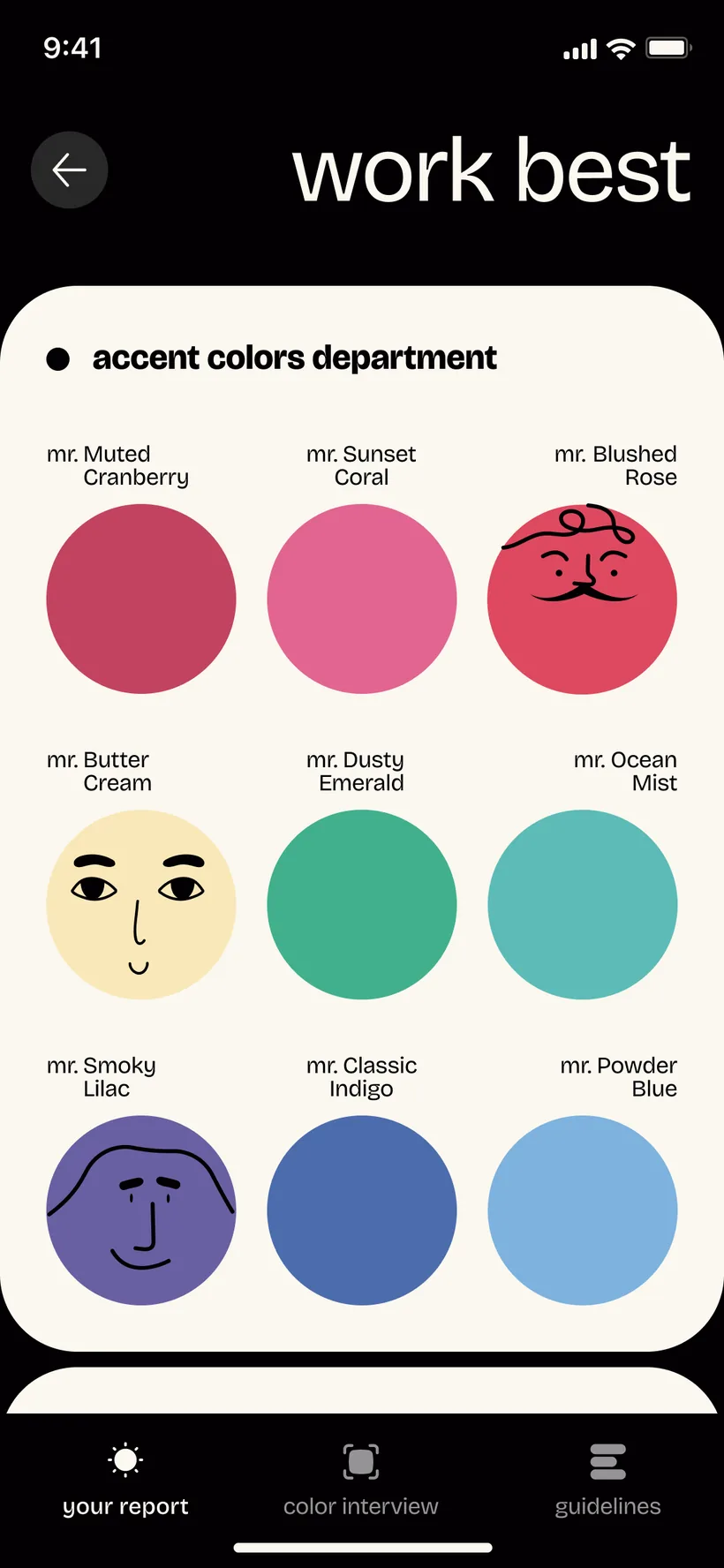 PaletteMe report screen — the accent colors department, a grid of work-best shades named like Muted Cranberry, Sunset Coral and Dusty Emerald