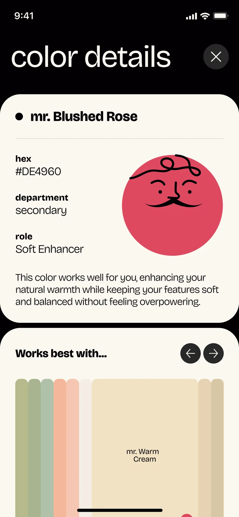 PaletteMe color detail screen for one shade, showing its hex value, department, role and the colors it works best with