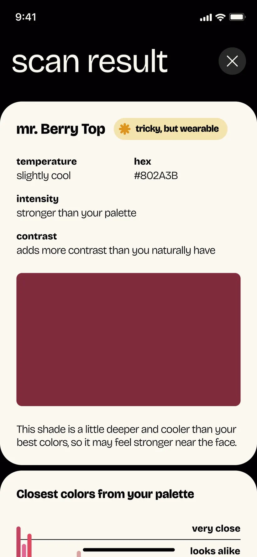 PaletteMe scan result — the garment's shade named and rated against your palette, with the closest colors you already own
