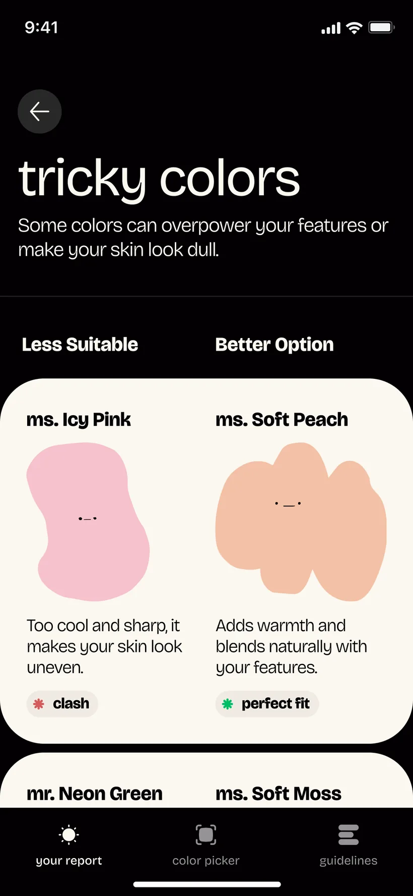 PaletteMe tricky colors screen pairing a less-suitable shade like Icy Pink with a better option like Soft Peach, tagged clash versus perfect fit